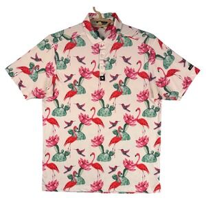 Bad Birdie Mens Flamingo Cactus Hummingbird Golf Polo Shirt Pink Large L